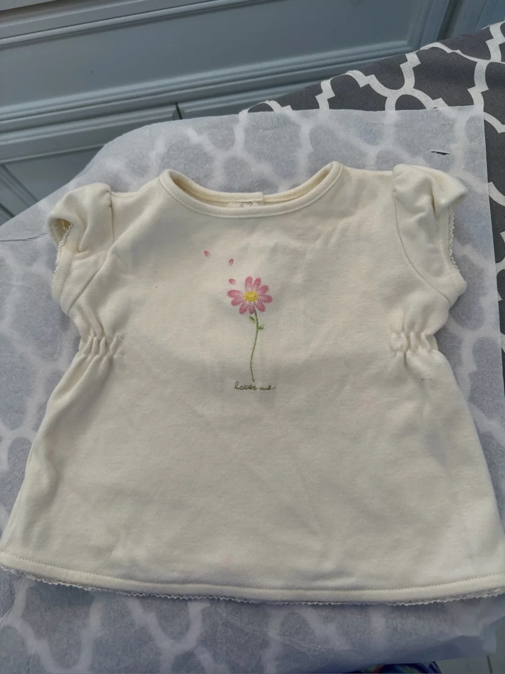 Cream Baby Girl Floral Tee with Pink Flower Embroidery Gymboree